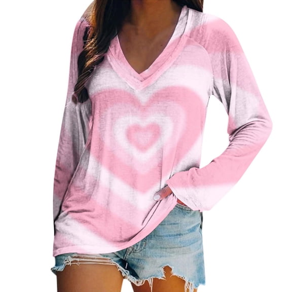 Valentines Shirts for Women Tie Dye Heart T Shirt Casual Loose Valentine's Tee Shirt Long Sleeve V Neck Tops