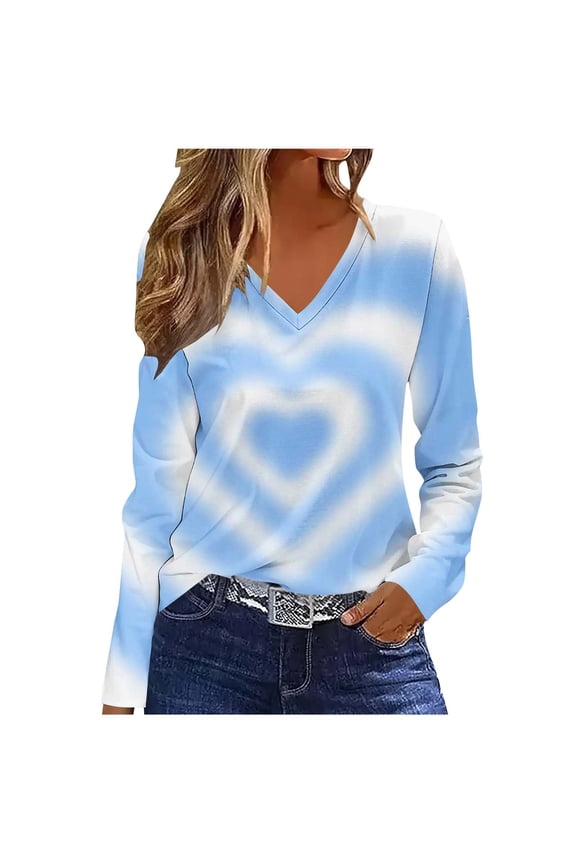 Valentines Shirts for Women Tie Dye Heart T Shirt Casual Loose Valentine's Tee Shirt Long Sleeve V Neck Tops