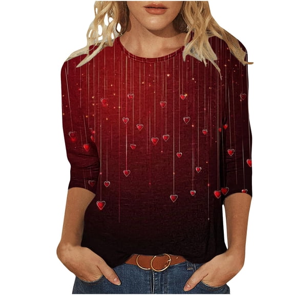 Valentines Shirts for Women Trendy 2026 Cute Love Heart Print Tunic Tops Plus Size Casual Spring 3/4 Sleeve Blouses