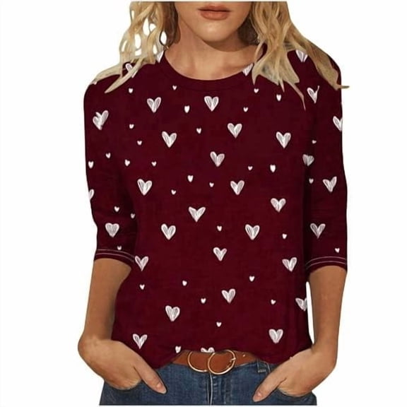 Valentines Shirts for Women Trendy Love Heart Print 3/4 Sleeve Tops Valentine's Day Themed Loose Casual Blouse Top//2XL
