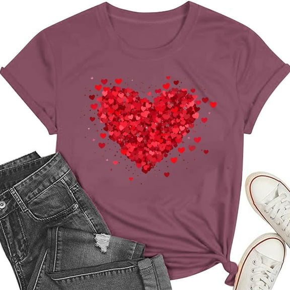 Valentines Shirts for Women Valentine Crew Neck Shirt Love Heart Graphic Tshirt Cute Girls Valentines Gift Tee Tops