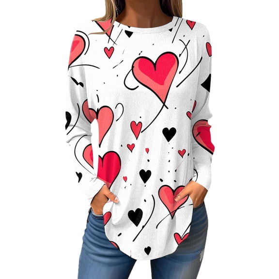 Valentines Shirts for Womens Funny Love Heart Tops Large Crew Neck Basic Loose Long Sleeve Casual Gift Clothes for Her