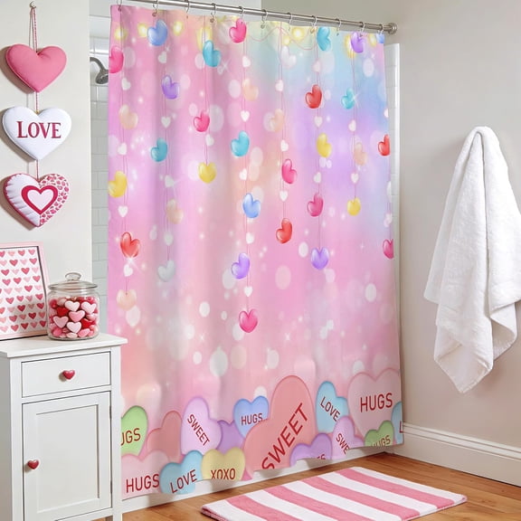 Valentines Shower Curtain Cute Love Pink Hearts Romantic Bathroom Decor Curtain with Hooks