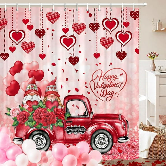 Valentines Shower Curtain, Happy Valentine''s Day Shower Curtain for Bathroom, Valentine Shower Curtain Romantic Lover Couples Shower Curtain Falling Red Heart Shower Curtain Set with Hooks, 72X72inch