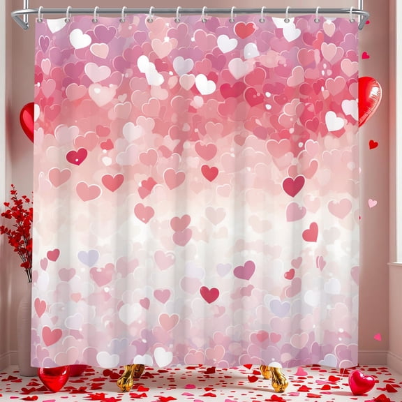 Valentines Shower Curtain,Pink Love Heart Bathroom Curtain with Hooks 72"x72"