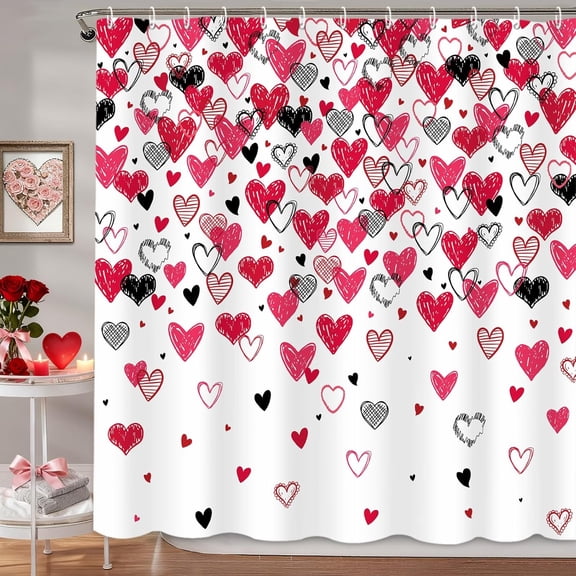 Valentines Shower Curtain,Red Pink Black Doodle Style Love Hearts Shower Curtain for Valentine''s Day Bathroom Decor,Romantic Sweetheart Holiday Bathroom Decor Curtains with 12 Hooks,72x72 in
