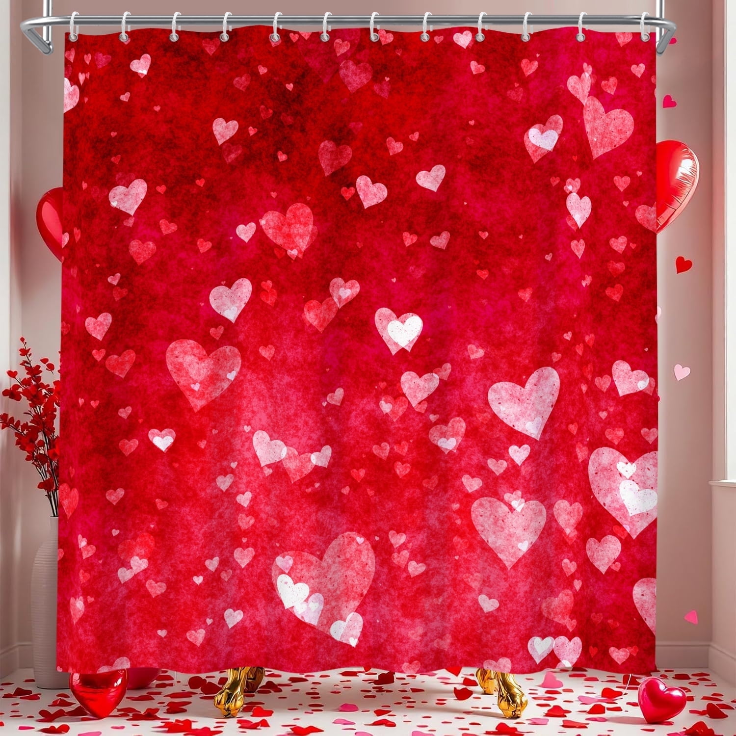 Valentines Shower Curtain,Red Pink Love Heart Bathroom Curtain,Holiday Fabric Bath Curtain with Hooks 72"x78"
