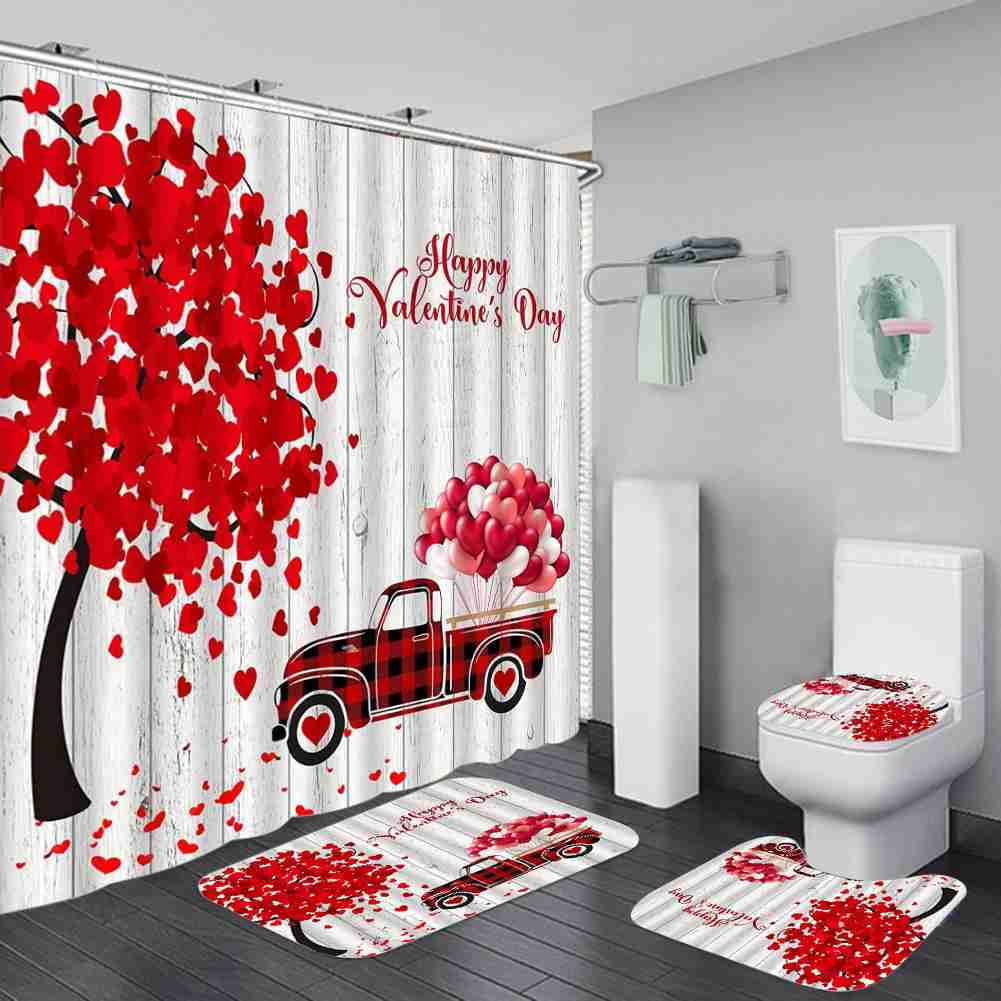 Valentines Shower Curtain Set with NonSlip Rugs, Toilet Lid Cover and
