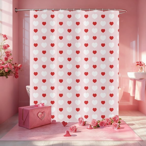 Valentines Shower Curtain Set Pink and Red Little Heart Shower Curtain Sets for Valentine's Day Bathroom Decor Sweetheart Shower Curtains with Non-Slip Rugs Toilet Lid Cover and Bath Mat