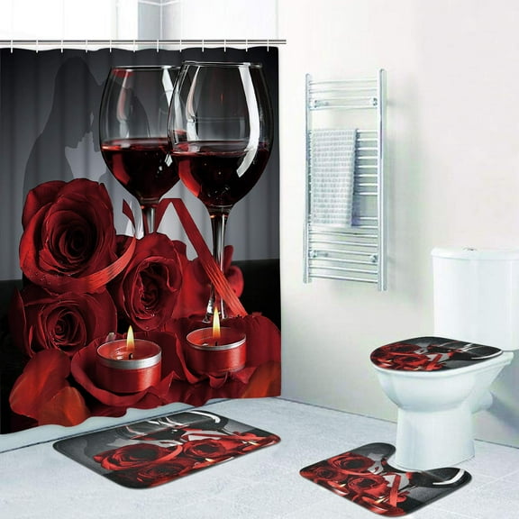 Valentines Shower Curtain Set Romantic Red Rose Flowers and Wine Shower Curtain Set with Non-Slip Rug Toilet Lid Cover Bath Mat