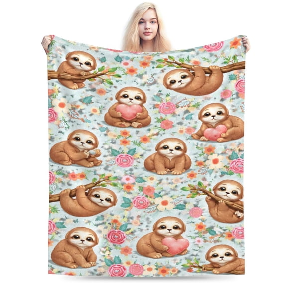 Valentines Sloth Floral Blanket Cute Animal Throw Soft Flannel Fleece Cozy Heart Flower Pattern Home Decor Gift for Women Adults 50x40