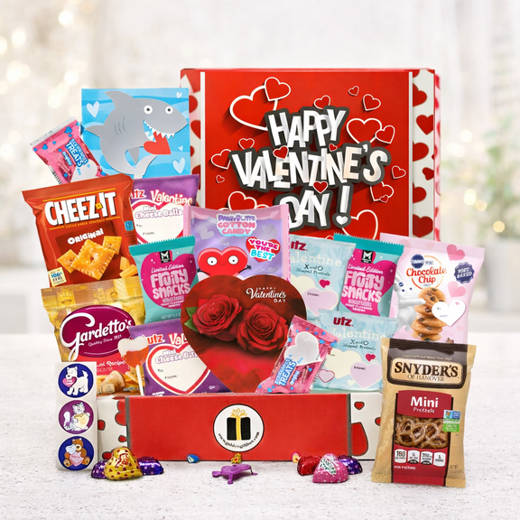 Deluxe Valentine Care Package  Snack Box & Activity Gift for Kids and Teens