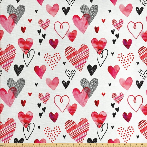 Ambesonne Valentines Fabric by the Yard Upholstery, Doodle Heart Designs, 2 Yards, Black Red Pink
