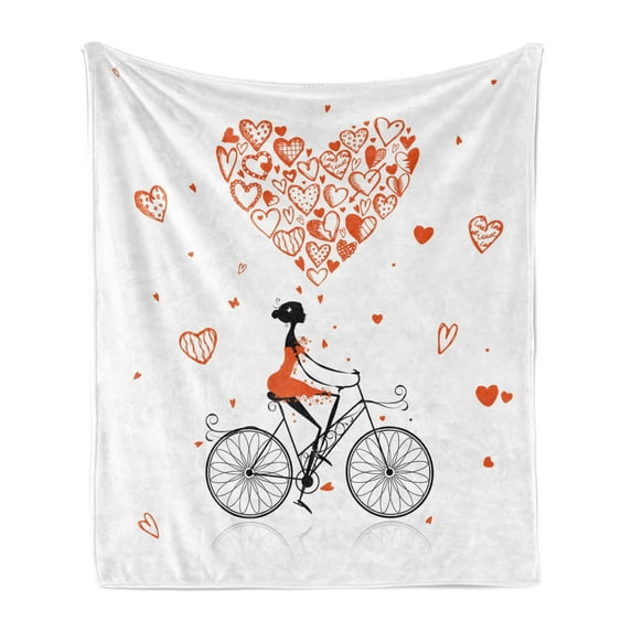 Valentines Soft Flannel Fleece Blanket, Girl Cycling with Big Heart Woman Love Romantic Day Celebration Life Print, Cozy Plush for Indoor and Outdoor Use, 50" x 60", Red Black White, by Ambesonne