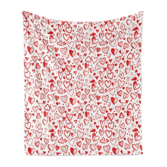 Valentines Soft Flannel Fleece Blanket, Red and White Pattern with Sketchy Hearts Dots Arrows Romance and Love Theme, Cozy Plush for Indoor and Outdoor Use, 50" x 70", Scarlet White, by Ambesonne