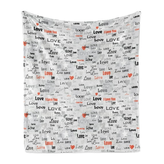 Valentines Soft Flannel Fleece Throw Blanket, Different I Love You Words on Grey Backdrop with Hearts, Cozy Plush for Indoor and Outdoor Use, 70" x 90", Pale Grey Scarlet Black, by Ambesonne