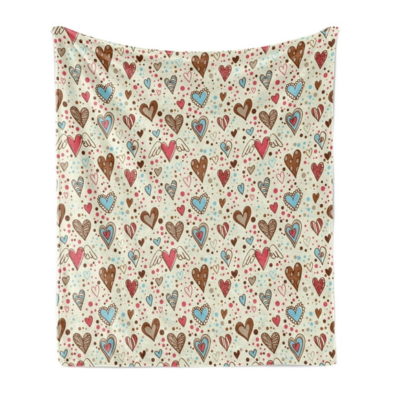 Valentines Soft Flannel Fleece Throw Blanket, Hand Drawn Dotted Background with Valentines Day Themed Colorful Heart Shapes, Cozy Plush for Indoor and Outdoor Use, 50" x 60", Multicolor, by Ambesonne