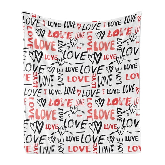 Valentines Soft Flannel Fleece Throw Blanket, Hand Drawn Love Lettering Doodle Style Design with Brush Stroke Effect, Cozy Plush for Indoor and Outdoor Use, 60" x 80", Black Red White, by Ambesonne