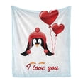 thumbnail image 1 of Valentines Soft Flannel Fleece Throw Blanket, Happy Birthday Balloons I Love You Lettering Funny Penguin Image, Cozy Plush for Indoor and Outdoor Use, 50" x 60", Red Black Baby Blue, by Ambesonne, 1 of 5