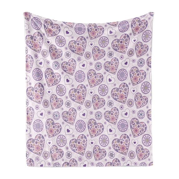 Valentines Soft Flannel Fleece Throw Blanket, Heart Outlines Filled with Spring Inspired Flower Motifs, Cozy Plush for Indoor and Outdoor Use, 50" x 70", Pale Pink Purple Yellow, by Ambesonne