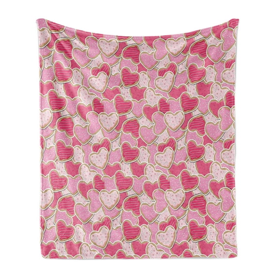 Valentines Soft Flannel Fleece Throw Blanket, Heart Shaped Cookies Surprise Tasty Goodies for Valentines Day, Cozy Plush for Indoor and Outdoor Use, 70" x 90", Pale Brown Pale Pink, by Ambesonne