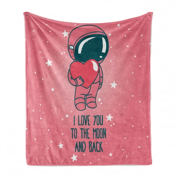 Valentines Soft Flannel Fleece Throw Blanket, I Love You to the Moon and Back Lettering with an Astronaut Holding Heart, Cozy Plush for Indoor and Outdoor Use, 50" x 70", Pink Dark Teal, by Ambesonne
