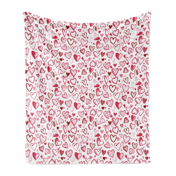 Valentines Soft Flannel Fleece Throw Blanket, Sketch Drawing Style Hearts in Red and Pink Pattern for Romantic Couples, Cozy Plush for Indoor and Outdoor Use, 50" x 60", Ruby Pink White, by Ambesonne