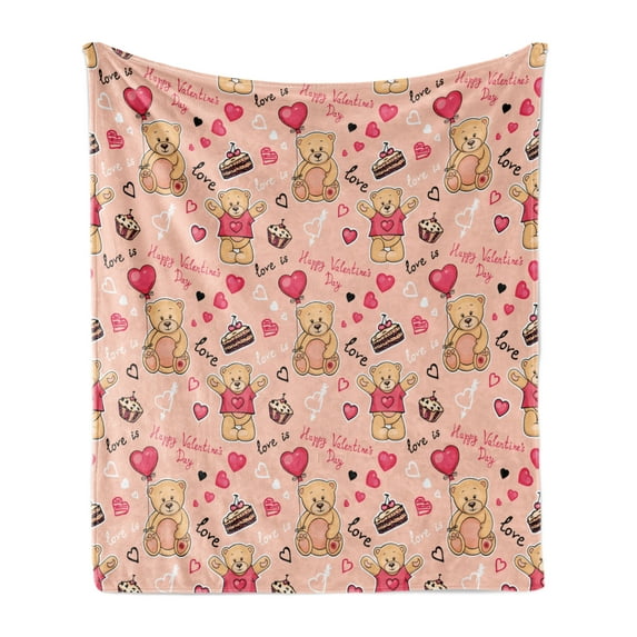 Valentines Soft Flannel Fleece Throw Blanket, Teddy Bears Celebrating Your Happy Valentines Day Cakes Balloons, Cozy Plush for Indoor and Outdoor Use, 60" x 80", Coral Brown Peach, by Ambesonne