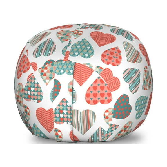 Valentines Storage Toy Bag Chair, Retro Style up and down Hearts with Stripes Waves and Checkered Patterns, Stuffed Animal Organizer Washable Bag, Small Size, Teal Coral White, by Ambesonne