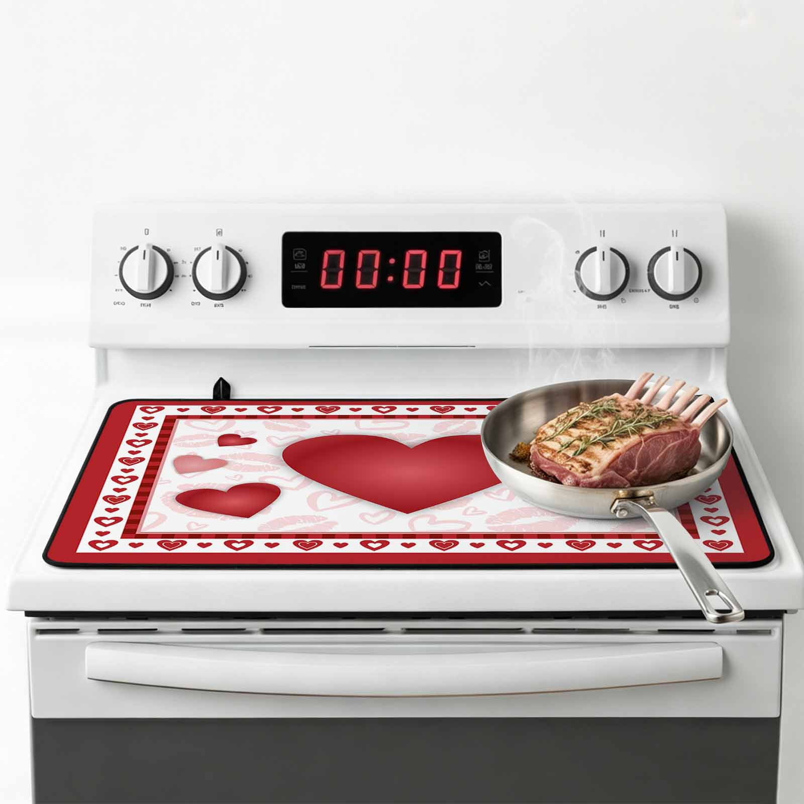Valentines Stove Top Cover for Electric Stove, Heat-proof & Non Slip Glass Top Stove Cover Protector, Romantic Red Lips Love Heart Kitchen Flat Cooktop Rubber Mat 24x21 Inches