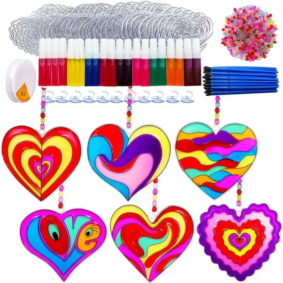 Valentines Suncatcher Crafts Kit 30 Sets Heart Suncatchers Window Art Sun Catcher DIY Craft Kits Heart for Valentine's Day Classroom Activities Party Exchange