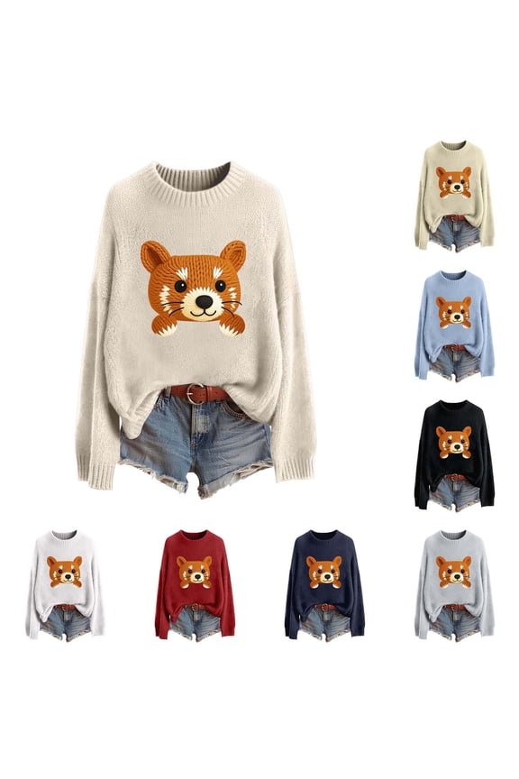 Valentines Sweater Women Cute Animal Printed Knit Pullover Sweater Long Sleeve Crewneck Casual Warm Knitwear Shirts