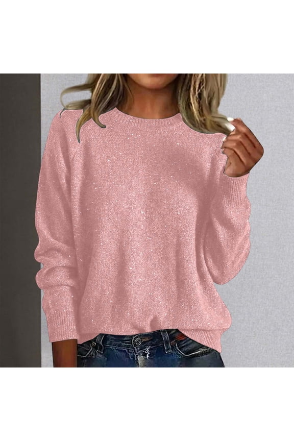 Valentines Sweater Women Solid Color Round Neck Pullover Knit Sweater Loose Sequins Shine Top Knitwear Shirts