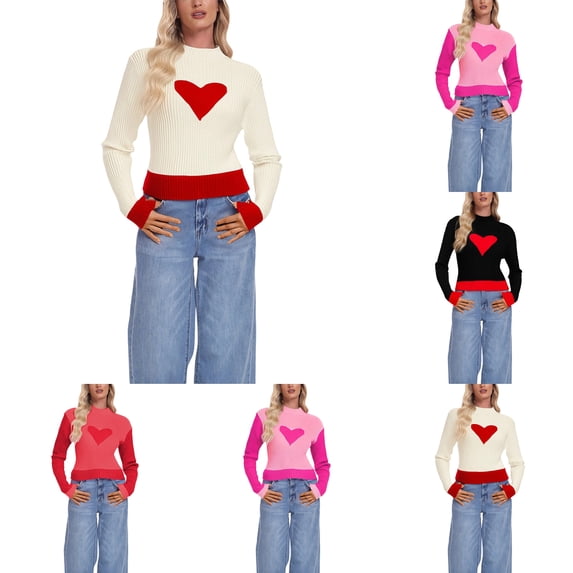 Valentines Sweaters for Women Color Block Heart Print High Neck Knit Sweater Slim Fit Long Sleeve Pullover for Fall Winter Season RD2 XL