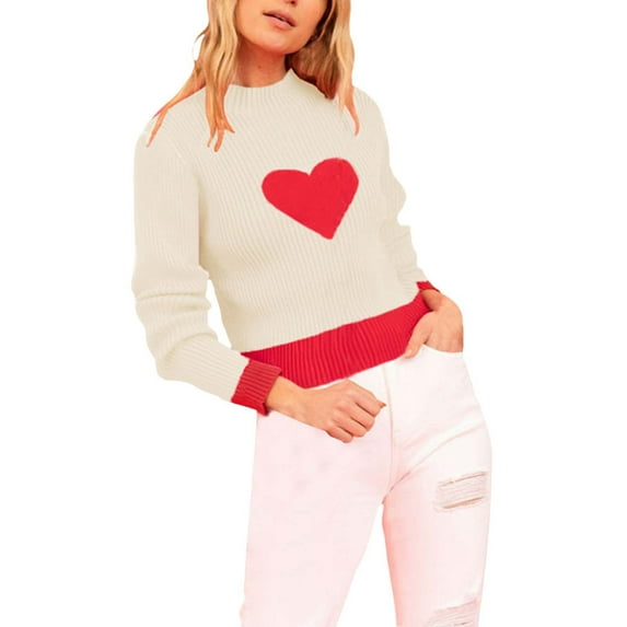 Valentines Sweaters for Women Heart Print Turtleneck Knit Sweater Fitted Long Sleeve Pullover Base Layer for Winter Beige L