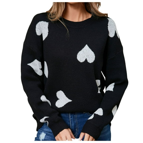Valentines Sweaters for Women Peach Heart Pattern Crewneck Sweater Soft Knit Long Sleeve Pullover Casual Comfortable Jumper Top Black S