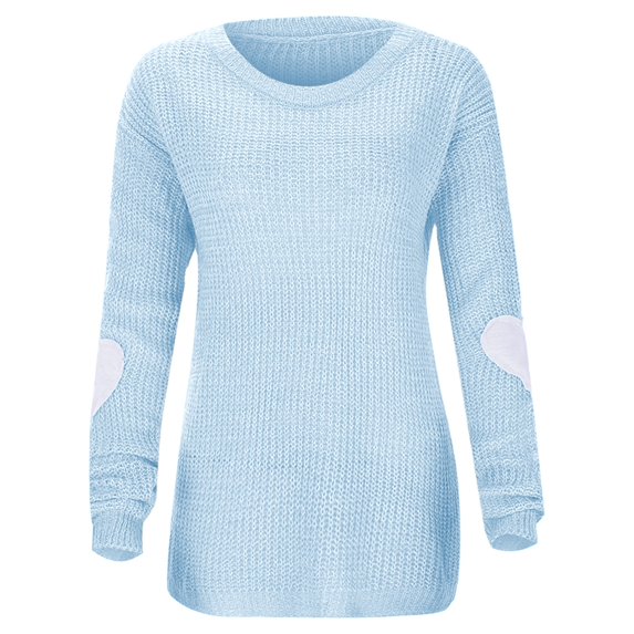 Valentines Sweaters for Women Solid Color Crewneck Knit Sweater Heart Elbow Patches Long Sleeve Soft Pullover Jumper Top Fall Winter Sky Blue XXL