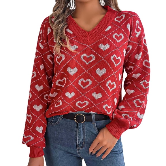 Valentines Sweaters for Women Sweet Color Block Heart Bell Sleeve Knit Sweater Crewneck Pullover Party Top Red M