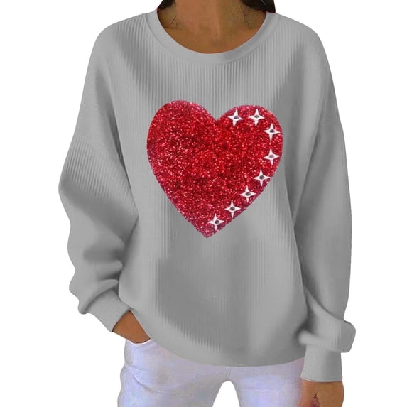 Valentines Sweatshirt Women Love Heart Print Casual Long Sleeve Shirts Valentine Hoodie Pullover Blouse Tops Gray XL