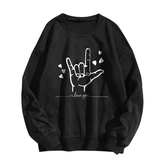 Valentines Sweatshirt Women Womens Heart Gesture Long Sleeve Lightweight Hoodie Drawstring Hooded Sweatshirt Womens Valentine's Day Hoodie Black L
