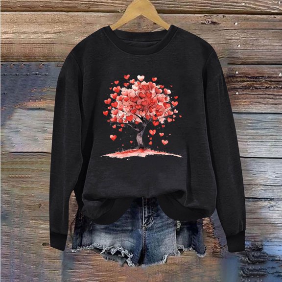 Valentines Sweatshirt, Women's Valentine's Day Printed Sweatshirt, Long Sleeve Crewneck Sweatshirts Women's Round Neck Printed Long Sleeved Tops Sweatshirt