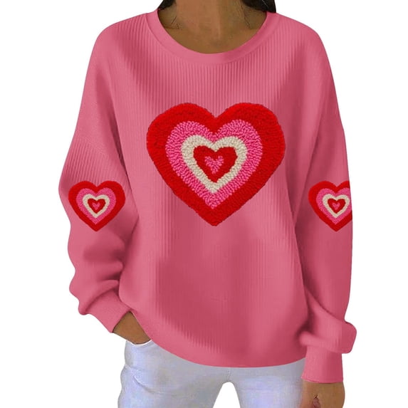 Valentines Sweatshirt Womens Cute Love Heart Graphic Print Pullover Casual O Neck Long Sleeve Holiday Tops Hot Pink L