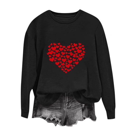 Valentines Sweatshirt for Women Funny Love Heart Graphic Shirts Casual Crewneck Holiday Pullover Long Sleeve Tops (M, Black)
