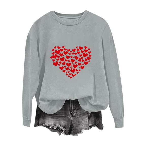 Valentines Sweatshirt for Women Funny Love Heart Graphic Shirts Casual Crewneck Holiday Pullover Long Sleeve Tops (S, Gray)
