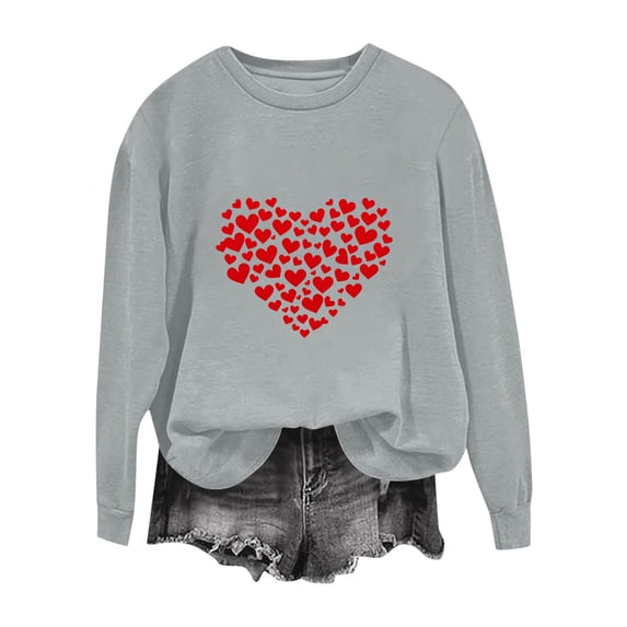Valentines Sweatshirt for Women Funny Love Heart Graphic Shirts Casual Crewneck Holiday Pullover Long Sleeve Tops (S, Gray)