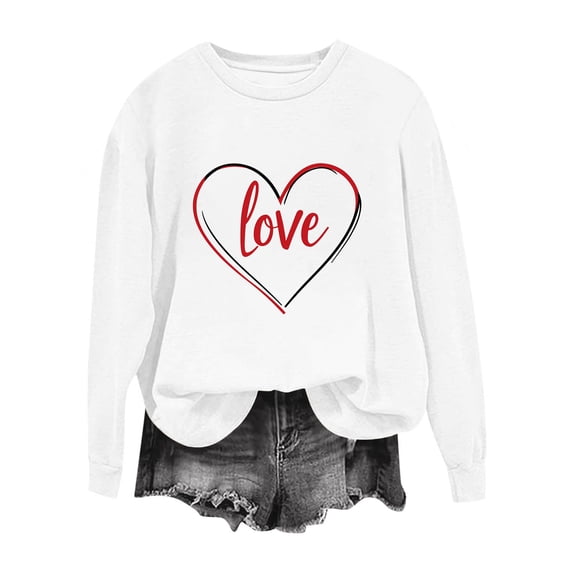 Valentines Sweatshirt for Women Funny Love Heart Graphic Shirts Casual Crewneck Holiday Pullover Long Sleeve Tops (XL, White)