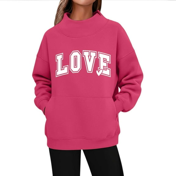 Valentines Sweatshirts for Women Fleece LOVE Letter Print Tops Crew Neck Long Sleeve Shirts Casual Loose Pullover Top Fashion Trendy Outfits Winter Warm Hoodies for Teen Girl