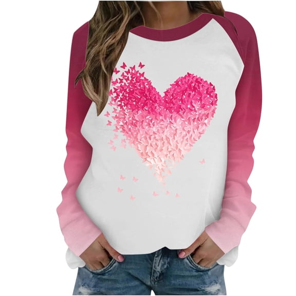 Valentines Sweatshirts for Women Happy Valentines Day Heart Shirt Gradient Color Crew Neck T Shirts Raglan Long Sleeve Tops Valentines Day Womens Shirt