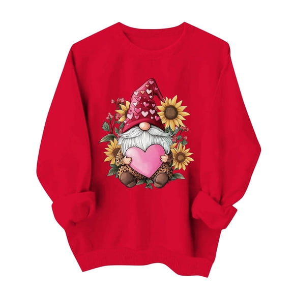 Valentines Sweatshirts Women Heart Printed Crewneck Plus Size Loose Holiday Red Top Sweet Valentine's Day Gifts (3XL, Red|Gnome)
