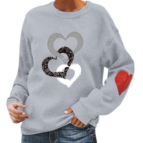Valentines Sweatshirts for Women 2026 Trendy Cute Love Heart Print Crew Neck Tops Long Sleeve Casual Relaxed Fit Shirts